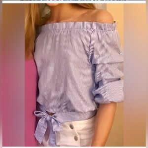 Habitual girls sz 14 white with blue stripes shirt; ruffle sleeves & waist tie